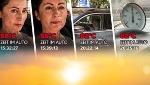 Der Innenraum eines Fahrzeugs kann sich im Sommer innerhalb von Minuten enorm erhitzen. (Bild: krone.tv, Krone KREATIV)