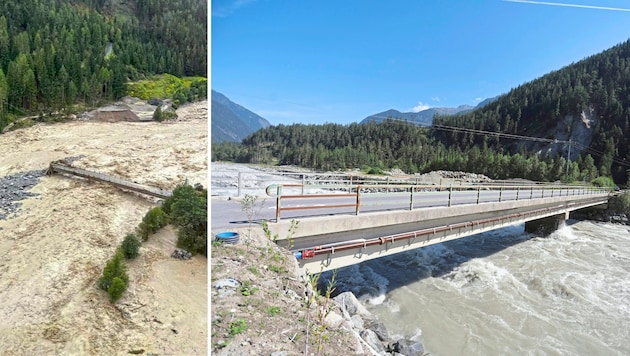 While the access road to the bridge to Köfels was destroyed, the bridge itself held up. It was reconnected to the road around ten months after the flood. (Bild: Birbaumer Christof/zoom.tirol)