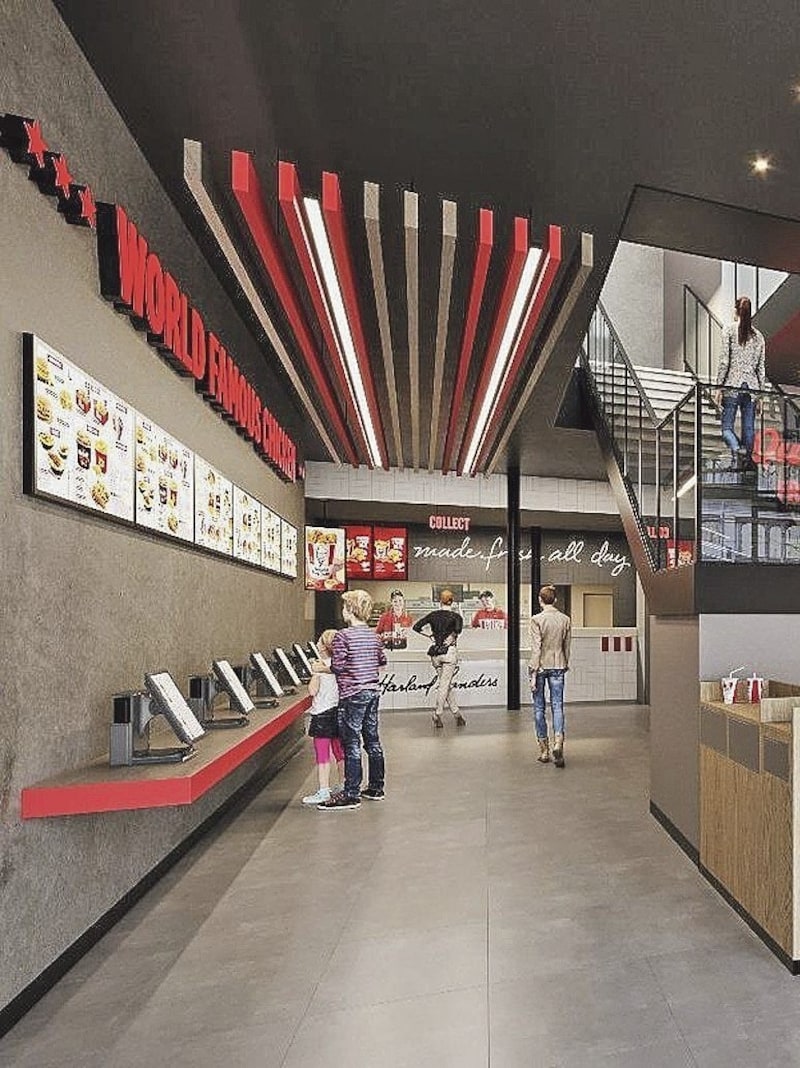This is what it will look like in the KFC store in Klagenfurt's pedestrian zone. There's a café on the first floor and the restaurant is on the first floor. (Bild: KFC)