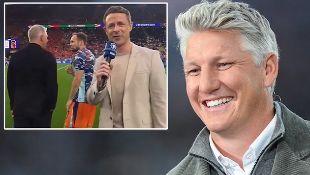 Because Schweinsteiger was still chatting with a player, ARD presenter Alexander Bommes had to improvise. (Bild: APA/AFP/Thomas KIENZLE, twitter.com)