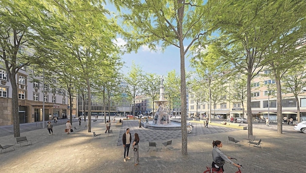 This is what the new Bozner Platz in Innsbruck should look like: in 20 years! The trees will need time to reach this size. (Bild: Stadt Innsbruck)