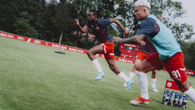 Daouda Guindo (hi.) in a sprint duel with Kamil Piatkowski. (Bild: FC Red Bull Salzburg/Fabian Weirather)