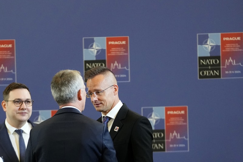 Peter Szijjarto im Gespräch mit NATO-Chef Jens Stoltenberg (Bild: AFP/Peter David Josek)