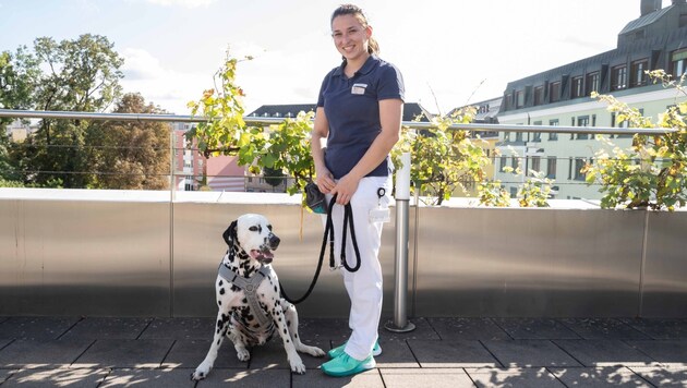 Physiotherapeutin Maria Dobersberger mit ihrem Therapiehund.