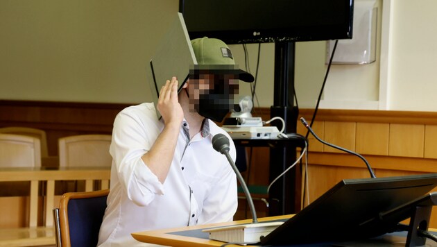 Wearing an FFP2 mask, sunglasses, a cap and a gray folder, the accused appeared in the Vienna regional court. (Bild: Zwefo/Zwefo, Krone KREATIV)