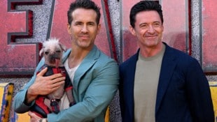 Ryan Reynolds, Hugh Jackman und „Dogpool“ (Bild: APA/AFP/JUSTIN TALLIS)