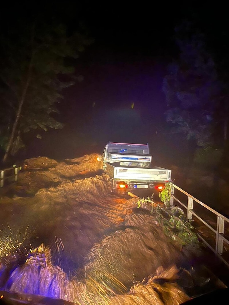 During the night of Friday, July 12, a flatbed truck was pushed against a bridge railing by the Waldensteiner Bach stream, which overflowed its banks, causing a blockage in the front area of the vehicle. A person trapped in the vehicle was rescued and brought to safety by the Preitenegg fire brigade under extremely difficult conditions. (Bild: FF Preitenegg)