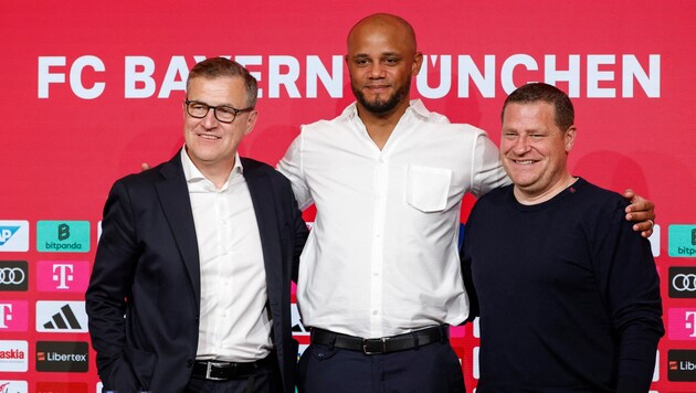 CEO Jan-Christian Dreesen, Trainer Vincent Kompany und Sportvorstand Max Eberl (v.l.n.r.) (Bild: AFP/APA/Michaela STACHE)