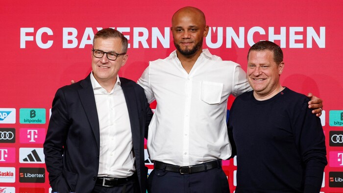 CEO Jan-Christian Dreesen, coach Vincent Kompany and sporting director Max Eberl (from left to ...