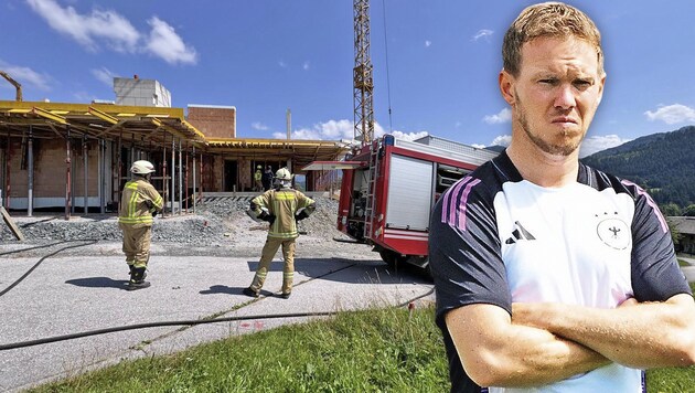 A tricky operation took place at the construction site of German national soccer coach Julian Nagelsmann. (Bild: Krone KREATIV/Tobias SCHWARZ / AFP) Feuerwehr Fieberbrunn )