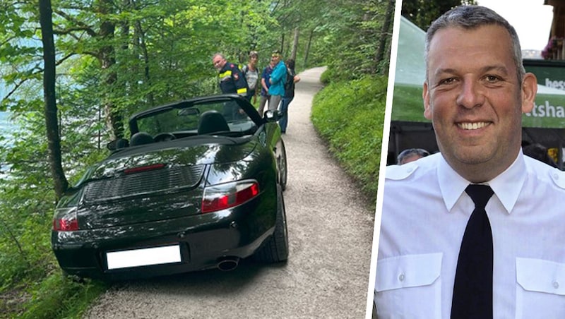 The sports car was stuck on the narrow gravel footpath and 20 men from the Altaussee fire department (pictured here is Chief Fire Inspector Christian Fischer) rushed to help. (Bild: Krone KREATIV/Heinz Weeber, FF Altaussee)