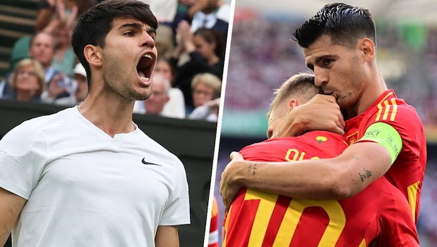 Carlos Alcaraz will play for the title at Wimbledon, while Spain's players will face England in the European Championship final in Berlin. (Bild: GEPA pictures)