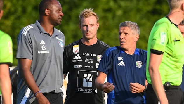 WAC coach Didi Kühbauer got a 0-0 draw in the camp test against Strasbourg (Fr) and star coach Patrick Vieira (left) despite being outnumbered for 45 minutes. (Bild: F. Pessentheiner)