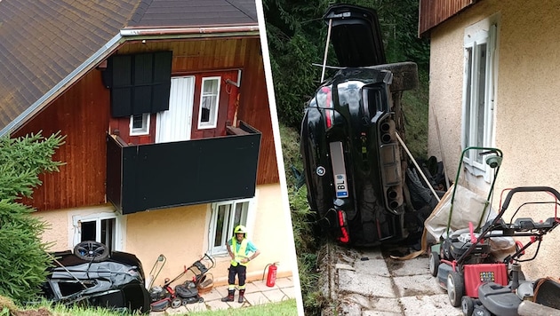 Der Pkw überschlug sich mehrmals, ehe er zum Stillstand kam. (Bild: Krone KREATIV/Feuerwehr Mariazell)