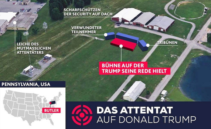 Die Leiche des Schützen wurde etwa 130 Meter von Trump entfernt gefunden. (Bild: Google Maps/Krone KREATIV)