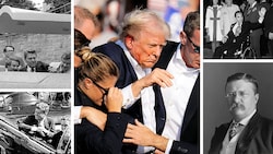 Nicht nur Donald Trump (Mitte) wurde Opfer eines Attentats – auch zahlreiche US-Präsidenten vor ihm. (Bild: Krone KREATIV/AP, AFP, AFP/picturedesk.com)