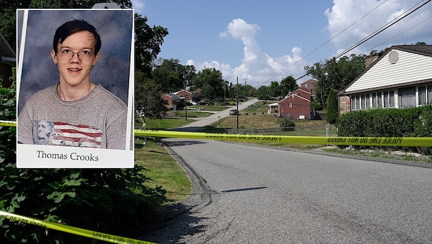 The street where Trump assassin Thomas Crooks (the small picture shows him in a school photo) lived was cordoned off by police. (Bild: AP/AP, privat)