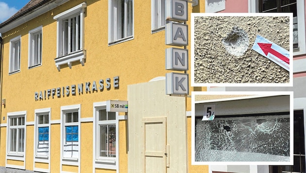 A loud bang shortly before 4 a.m. woke the small Waldviertel town of Drosendorf from a deep sleep. The blasting of the ATM was answered by a local resident with gunshots (Bild: Krone KREATIV/Attila Molnar, DOKU-NÖ (2))