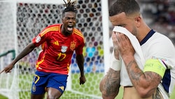 Nico Williams (links) und seine Spanier jubeln, Kyle Walker (rechts) und die „Three Lions“ sind wieder im Tal der Tränen.  (Bild: AP, krone.at-mrgrafik)