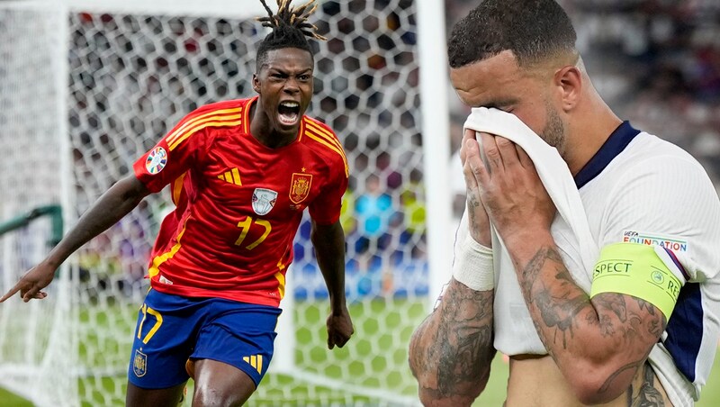 Nico Williams (links) und seine Spanier jubeln, Kyle Walker (rechts) und die „Three Lions“ sind wieder im Tal der Tränen. (Bild: AP, krone.at-mrgrafik)