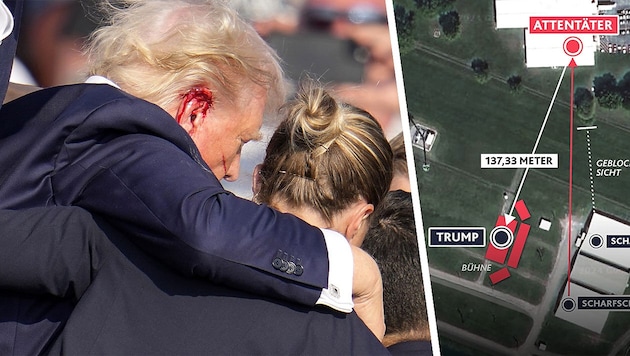 A bullet grazed Donald Trump's right ear. (Bild: ,Krone KREATIV)