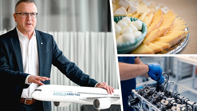 Das Motorenwerk von BMW in Steyr hat ebenso wie der von Robert Machtlinger geführte Innviertler Flugzeugzulieferer FACC eine Exportquote von 100 Prozent. Auch Käse, wie etwa jener der Berglandmilch, ist außerhalb Österreichs gefragt. (Bild: Krone KREATIV/BMW Group Werk Steyr, Markus Wenzel (2))