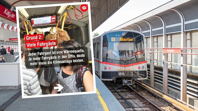 Der Sommer ist keine coole Zeit für Öffi-Nutzer. Auch bei der U1 gibt es nun Veränderungen. Die Wiener Linien sehen die vielen Fahrgäste als Wärmequelle. (Bild: Krone KREATIV/Manfred Helmer, Instagram/Wiener Linien)