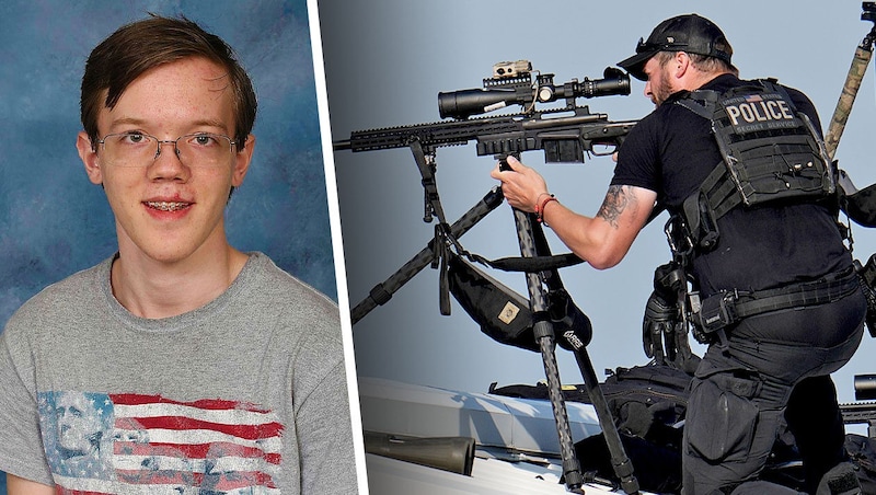 Thomas Matthew Crooks schoss laut CBS vom Dach eines Gebäudes, in dem sich drei Agenten befanden. (Bild: Krone KREATIV/AP/Gene J. Puskar)