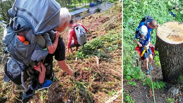 With the three-year-old child on their backs, they headed downhill. In the difficult and steep terrain, the helpers had to resort to abseiling. (Bild: ZOOM Tirol/Krone KREATIV)