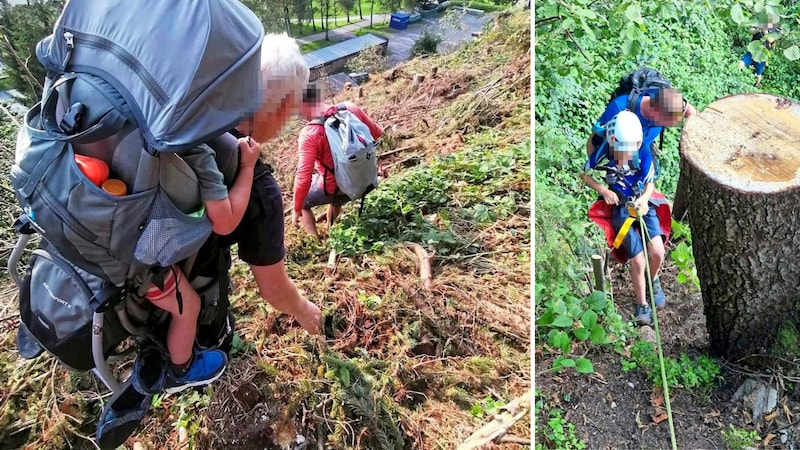 With the three-year-old child on their backs, they descended into the valley. In the difficult and steep terrain, the helpers had to resort to abseiling. (Bild: ZOOM Tirol/Krone KREATIV)