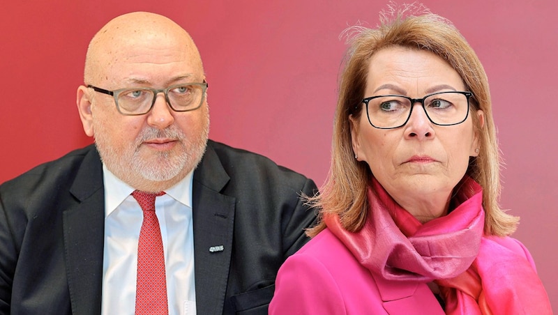 ÖBB boss Andreas Matthä and Wiener Linien boss Alexandra Reinagl - the people in charge of the transport company. The public transport summer is worse than ever this year. (Bild: Krone KREATIV/Peter Tomschi)