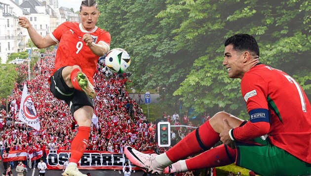 In one day, 1700 jerseys of the ÖFB team (here Sabitzer in action) were sold. The Nike shoes worn by Ronaldo (seen here sitting) were also in demand. (Bild: Krone KREATIV/REUTERS, Mario Urbantschitsch, EPA)