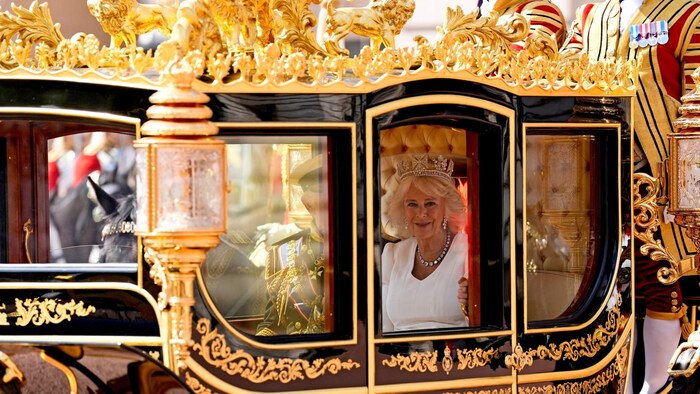 Queen Camilla and King Charles on their way to the opening of Parliament in London