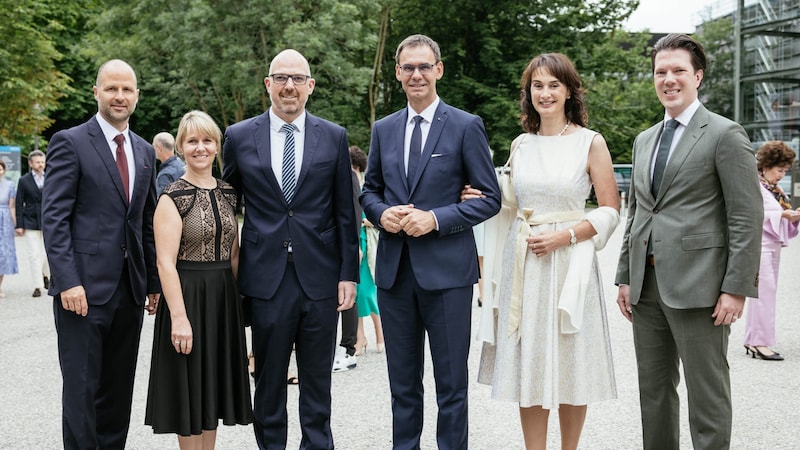 Landesrat Tittler und Landeshauptmann Markus Wallner mit Sonja begrüßten die Regierungskollegen aus Liechtenstein. (Bild: mathis.studio)