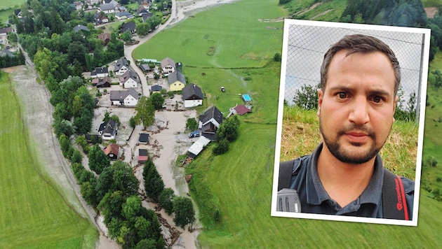 Thörl fire department commander Lukas Ebner (portrait) was trapped by the floods for three hours. (Bild: Lukas Ebner, BFV Bruck an der Mur)