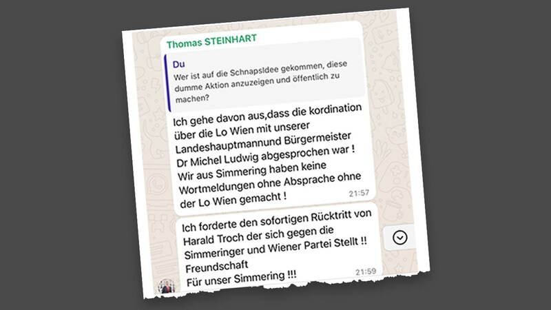 In einer internen Chatgruppe fordert Simmerings Bezirksvorsteher Thomas Steinhart (SPÖ) den Rücktritt von Nationalratsabgeordneten und Ex-Bezirksparteiobmann Harald Troch. (Bild: Krone KREATIV/zVg,)