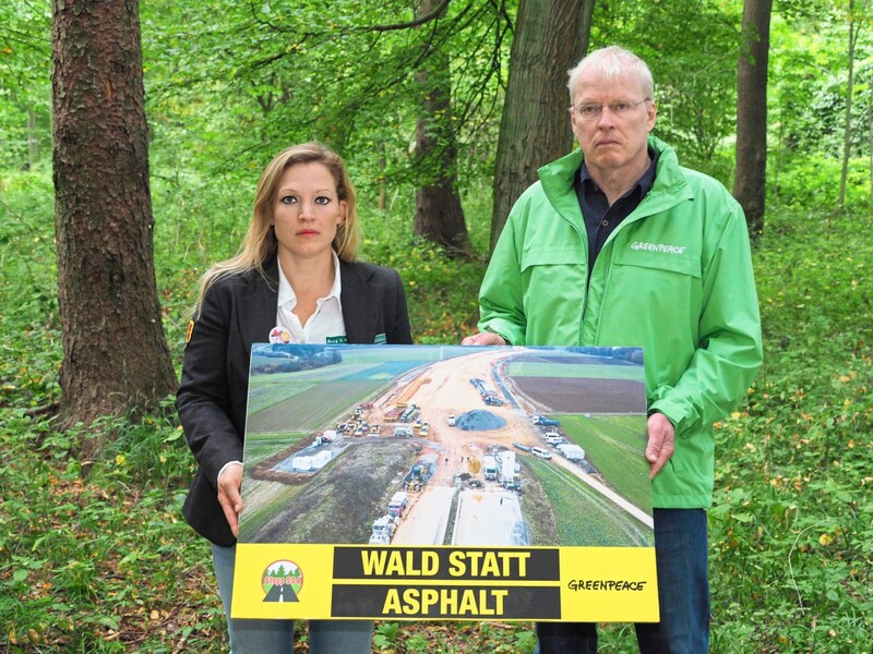 Nehammers Straßenbau-Ansage spornt (Greenpeace)-Aktivisten zum Widerstand an (Bild: Moser Gabriele/Gabriele Moser)