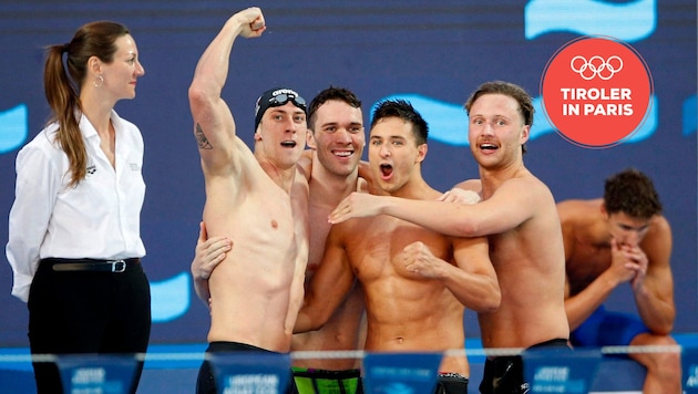 Bucher and Reitshammer: celebrating European Championship gold in the 4 x 100m medley. (Bild: REUTERS/REURTERS/Norman Djurovic, Krone KREATIV)