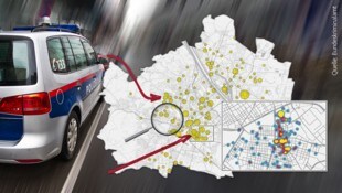 In Punkten werden Delikte und deren Häufung an gewissen Stellen angezeigt. Auch Hotspots wie Favoriten (kl. Bild) lassen sich ausmachen. (Bild: Krone KREATIV/stock.adobe.com)