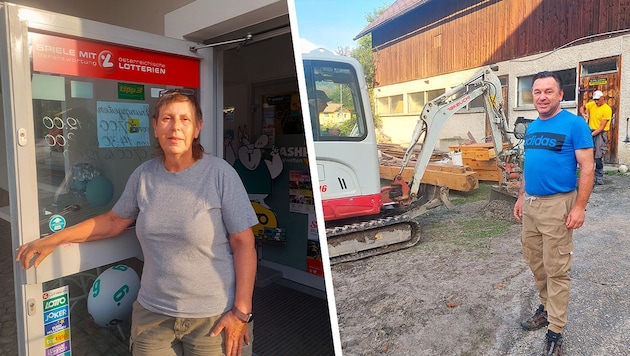 Reporting on the floods in Thörl: tobacconist Ilse Nisevic and Manfred Lechner (Bild: Krone KREATIV/Peter Bernthaler)