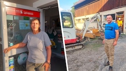 Berichten vom Hochwasser in Thörl: Trafikatin Ilse Nisevic und Manfred Lechner (Bild: Krone KREATIV/Peter Bernthaler)