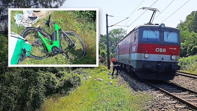 A collision between a cyclist and a train occurred for unknown reasons. (Bild: Krone KREATIV/FF Kritzendorf)