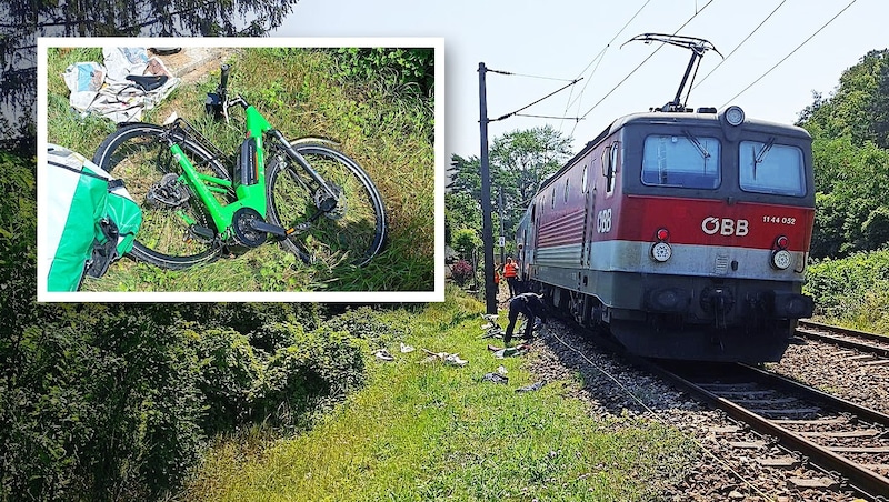 Aus noch unbekannter Ursache war es zu einem Zusammenstoß zwischen einer Radfahrerin und einem Zug gekommen. (Bild: Krone KREATIV/FF Kritzendorf)