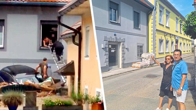 Theresia Steininger and Erich Gross were rescued from the flood with a ladder. (Bild: Krone KREATIV/FF Deutschfeistritz, Christa Blümel)