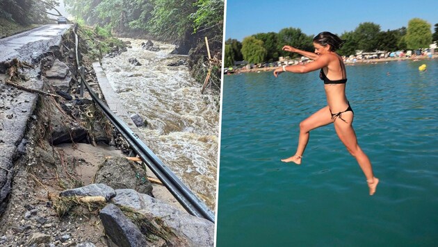 The heatwave in two pictures: Storm damage in the Lavant Valley and swimming fun in Lake Wörthersee. (Bild: Pressestelle Stadtgemeinde Wolfsberg/Uta Rojsek-Wiedergut/Krone KREATIV)