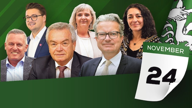 Die steirischen Spitzenkandidaten von links: Mario Kunasek (FPÖ), Niko Swatek (Neos), Anton Lang (SPÖ), Claudia Klimt-Weithaler (KPÖ), Christopher Drexler (ÖVP) und Sandra Krautwaschl (Grüne) (Bild: Krone KREATIV/Christian Jauschowetz, KPÖ, LT-Stmk/Fischer)