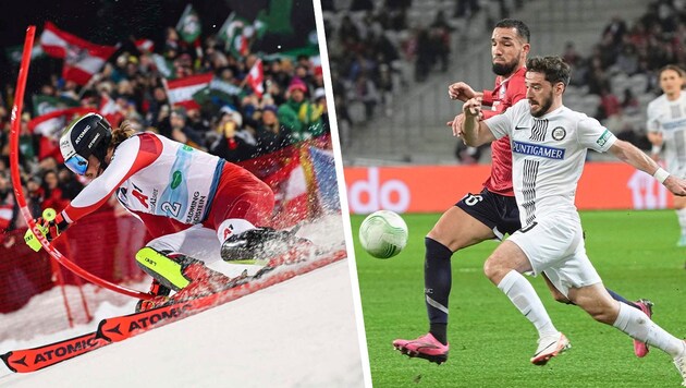 Manuel Feller (left) rides on the Planai when Sturm (right, Kiteishvili) plays Champions League. (Bild: Krone KREATIV/Sepp Pail, GEPA pictures/Wolfgang Grebien)