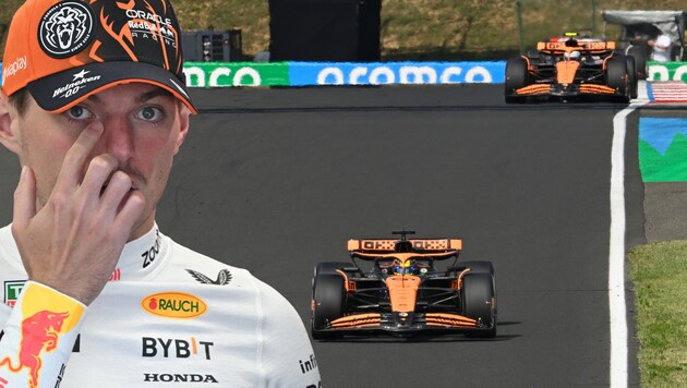 Oscar Piastri is jubilant in Hungary, Max Verstappen is furious. (Bild: AFP/ASSOCIATED PRESS, APA/Attila KISBENEDEK)