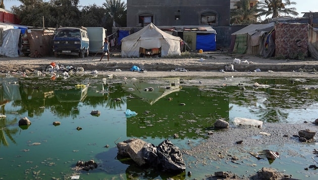 Stagnant sewage like this one next to emergency shelters in Deir el-Balah is contaminated with polioviruses. Israel is now taking measures to protect its soldiers. (Bild: APA/Bashar TALEB / AFP)