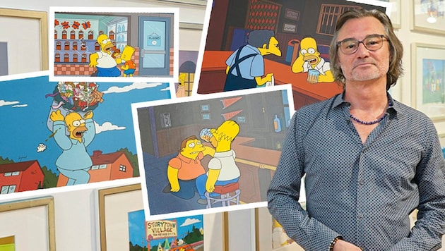 Kunstexperte Sascha Augustin verkauft in seiner Galerie rund 50 Simpsons-Originale – und damit auch ein Stück Fernsehgeschichte. (Bild: Krone KREATIV/Reinhard Holl, Galerie Augustin)